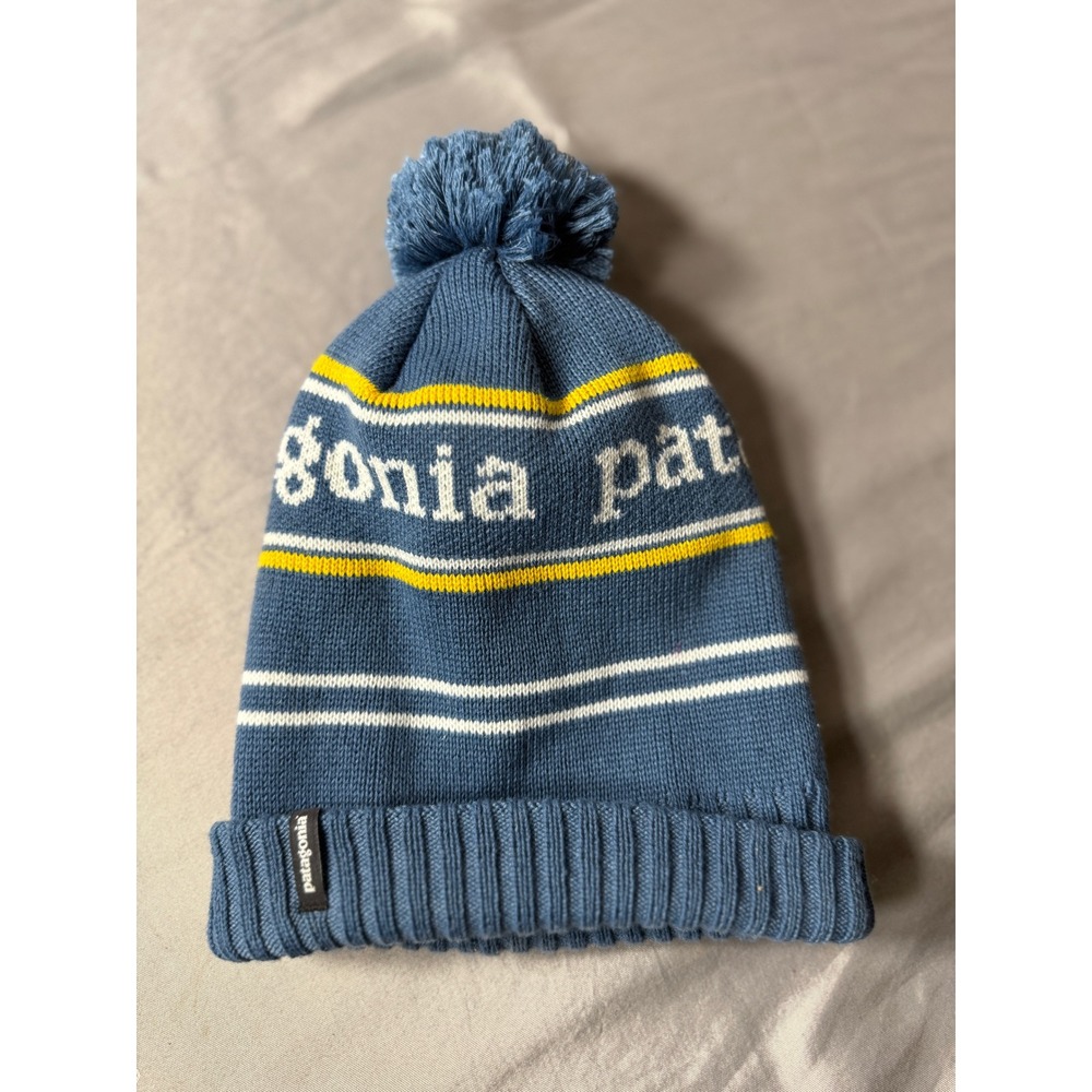 Patagonia Powder Town Beanie Blue Yellow‎ Stripe Pom Pom Knit Hat Mens Womens
